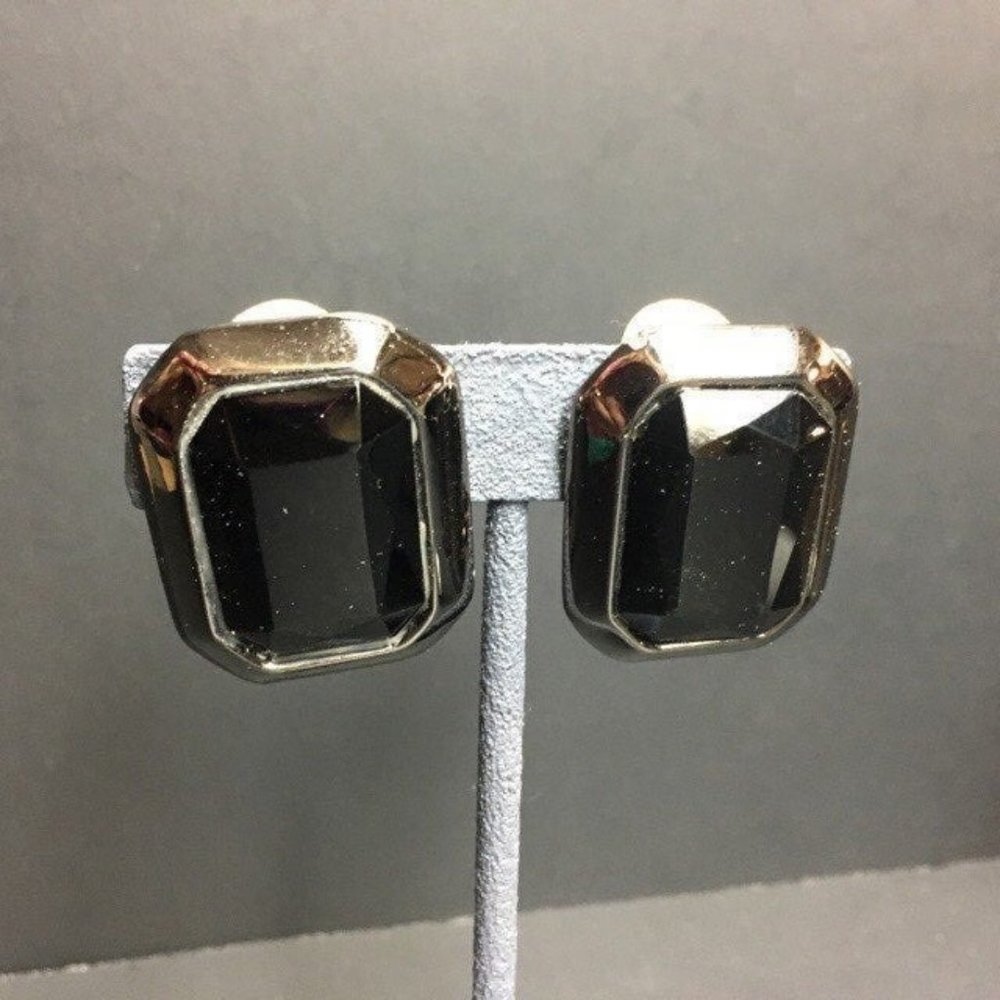 Clip On Earrings As Is Black Gunmetal Silver Octagon Rectangle Retro Vintage